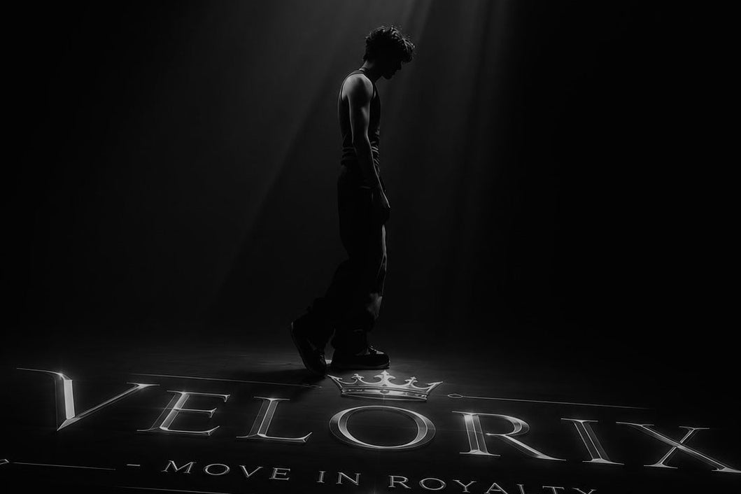 Person standing on a platform with 'Velorix' branding, illuminated by a spotlight.